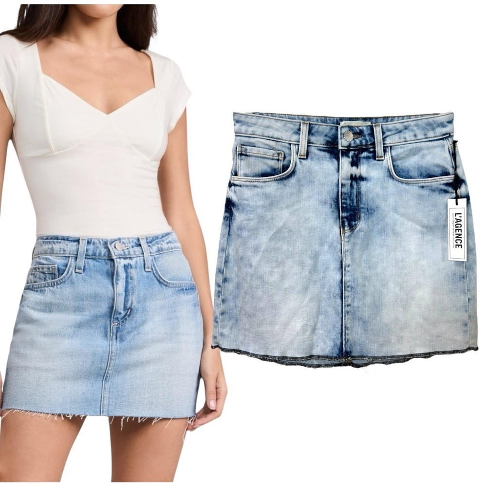 L’Agence, NWT Women’s ‘Allegra’ Denim Mini Skirt in Marble - Light Blue, Size 25